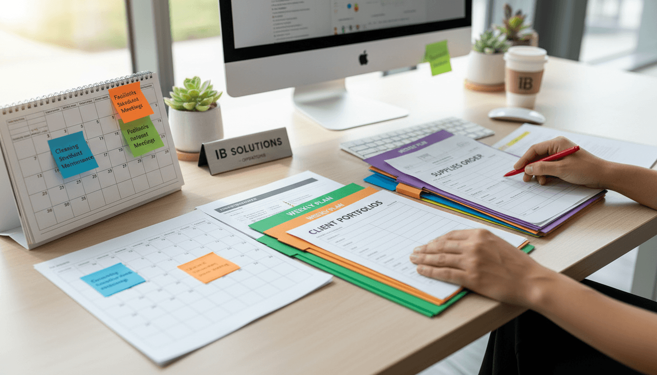 Hands organizing color-coded schedule at a modern office desk