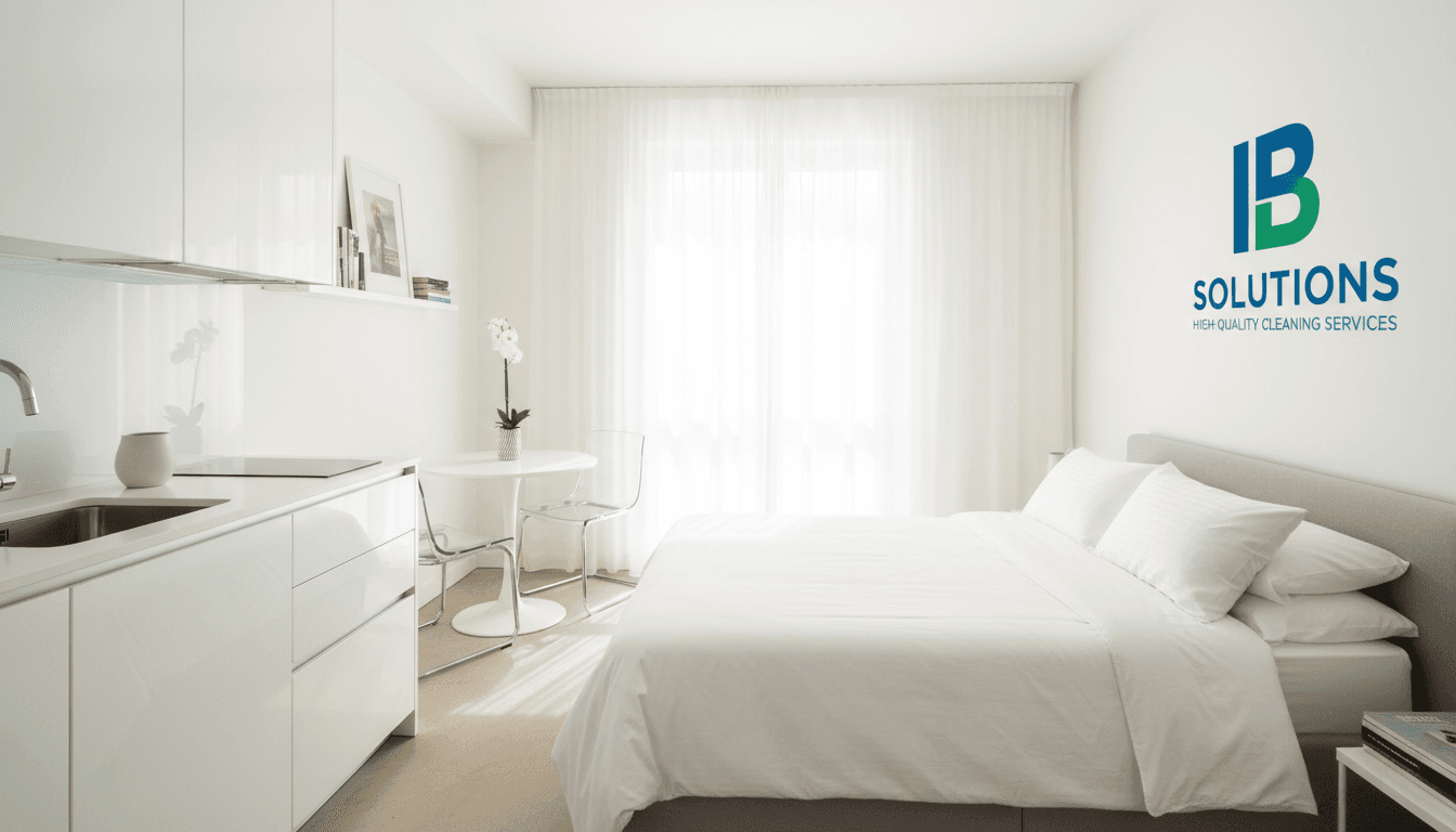 Pristine studio apartment with white bedding, tidy kitchenette, and natural light
