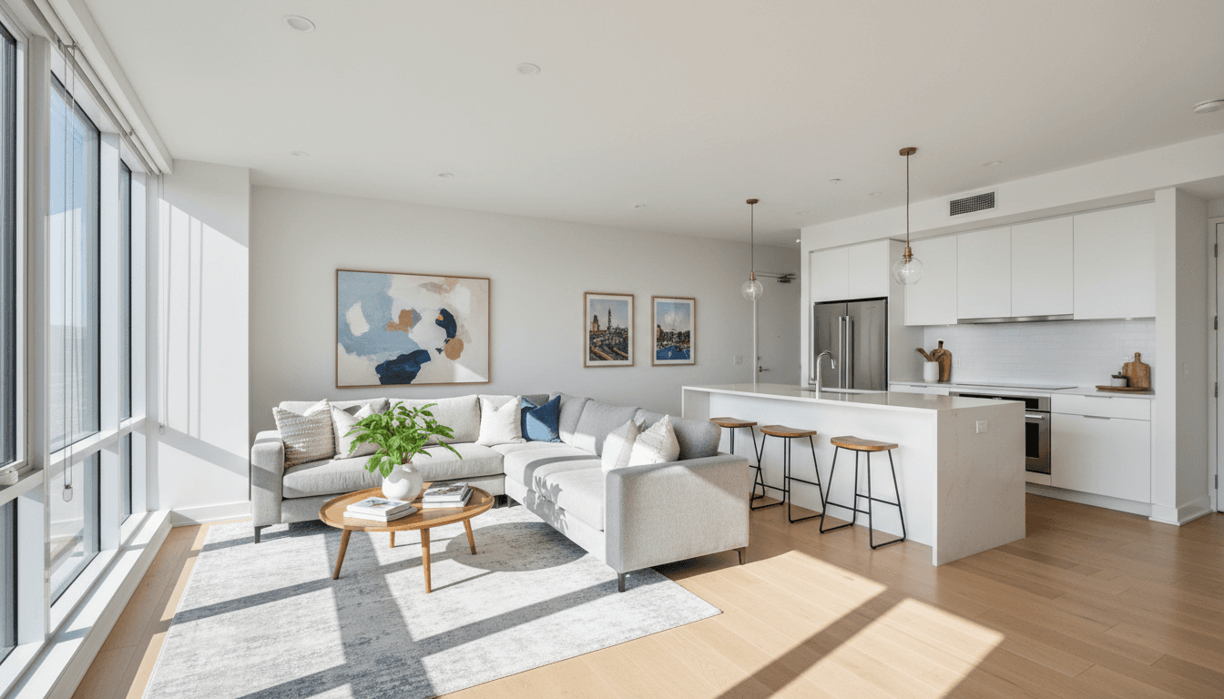 Bright, spacious apartment living room with floor-to-ceiling windows, comfortable seating, and open kitchen in soft morning light